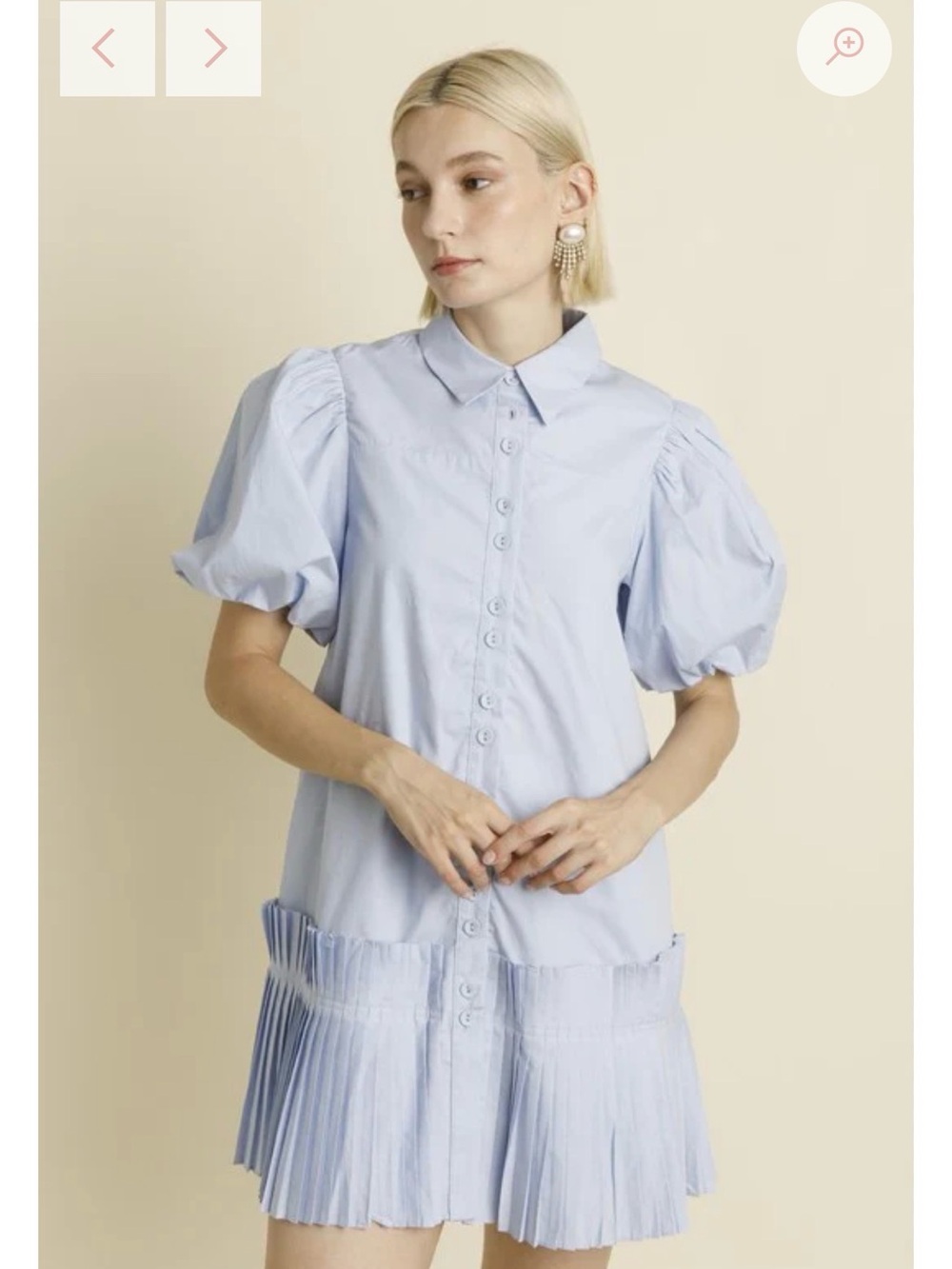 Aureum Pleany Light Blue Puff-Sleeve Pleated Shirt Dress